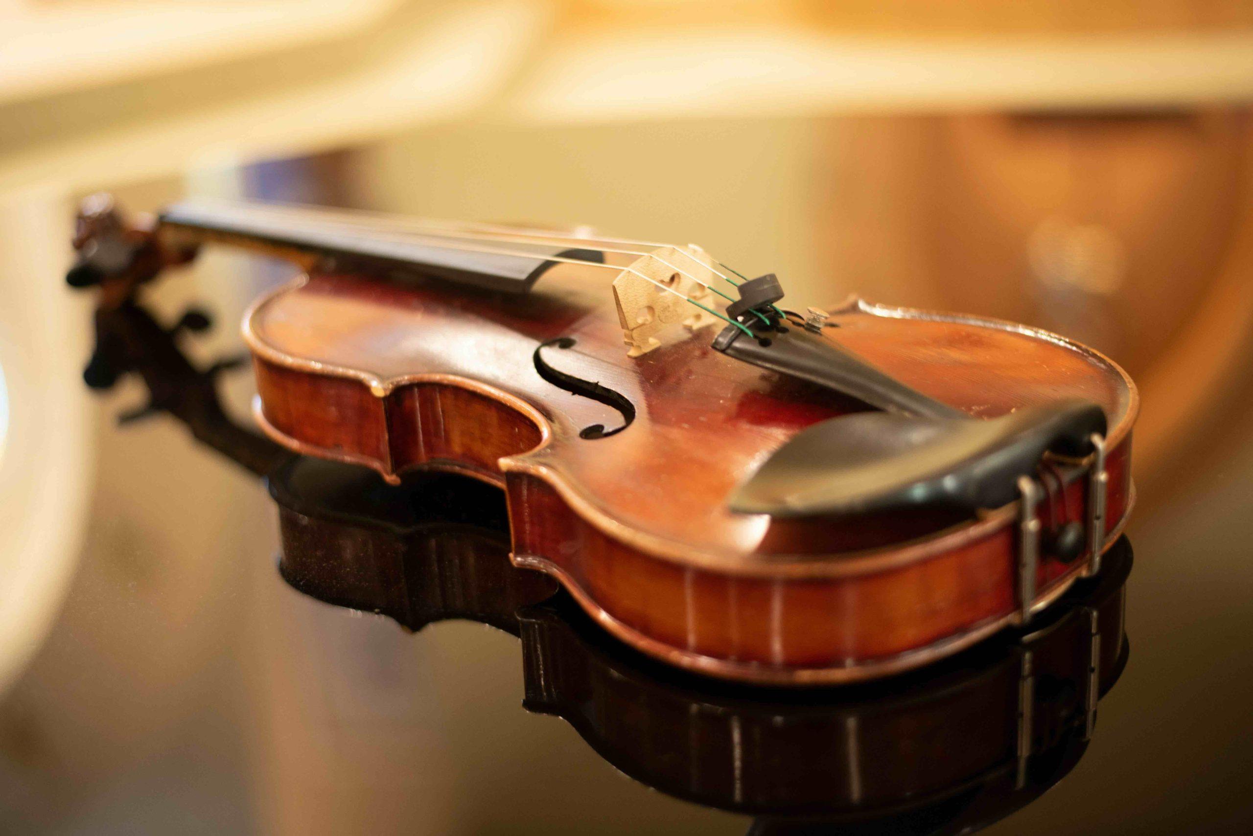 Violino su un tavolo prima dell'esibizione al matrimonio